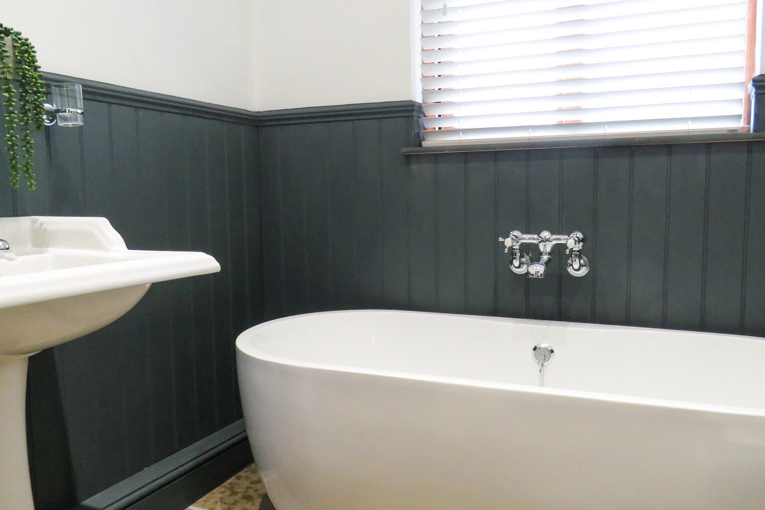 A luxurious bathroom in our two bedroom lodge at Hays Wood Retreat, featuring a beautiful free-standing bath perfect for an indulgent soak during your Norfolk holiday.