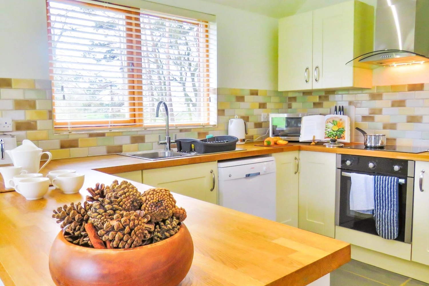 Spacious, modern kitchen inside a dog-friendly lodge at Hay’s Wood Retreat in Norfolk, UK, featuring sleek surfaces, integrated appliances, and open-plan living. Guests can enjoy flexible self-catering stays with their pets, combining home comforts with the freedom to explore woodland walks, local attractions, and peaceful countryside surroundings.